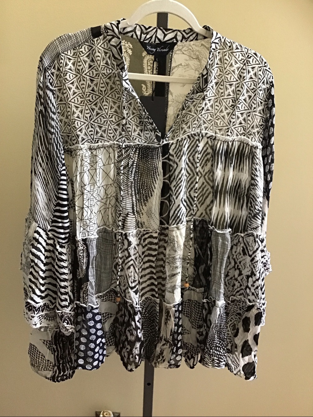YOUNG THREADS NWT Top Black White Sheer Ruffled Size Large